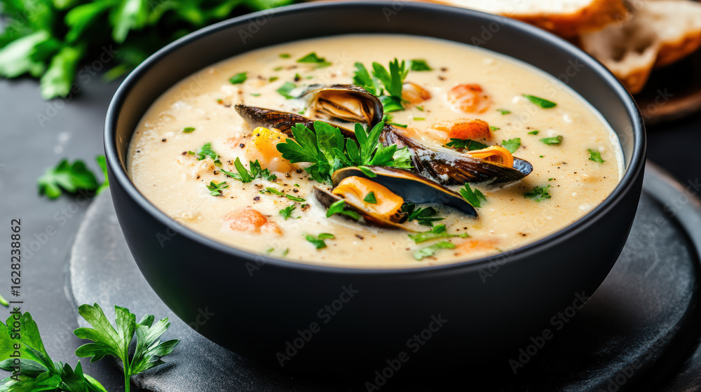 Creamy seafood chowder with mussels, fish, and fresh herbs in black bowl Creamy seafood chowder with mussels, fish, and fresh herbs in black bowl