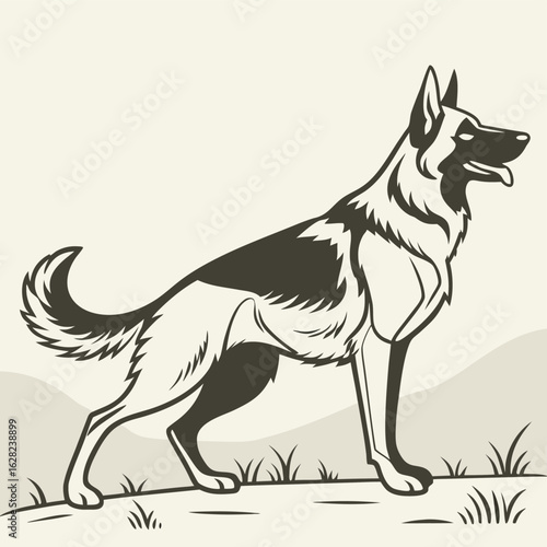 Retro German Shepherd Dog Standing on a Grassy Hill Illustration