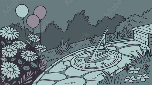 Illustration of a garden with flowers balloons and a sundial for landscape design and outdoor timekeeping art
