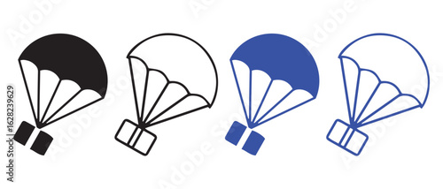 Parachute Delivery Icons. Black and Blue Variants in Solid and Outline Styles.