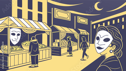 Night market scene with masks and vendors illustration for street fair and festival promotion design idea