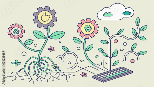 Technology and nature concept illustration of growing plants with gears and keyboard for innovation idea