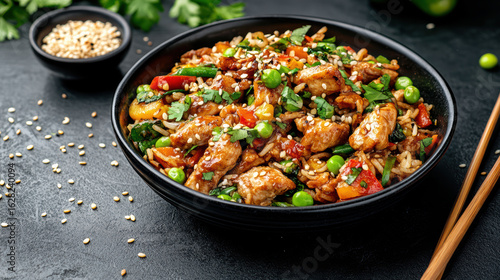 Wallpaper Mural Delicious stir fried chicken with vegetables and rice, garnished with sesame seeds Torontodigital.ca