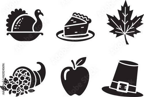 Thanksgiving icons: Turkey, pie, leaf, cornucopia, apple, and pilgrim hat