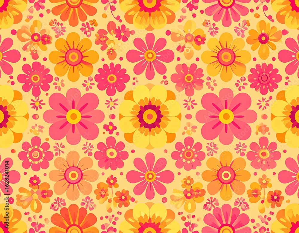 Vibrant Retro Floral Pattern: A Seamless 1970s Inspired Design with Pink and Yellow Flowers Vibrant Retro Floral Pattern: A Seamless 1970s Inspired Design with Pink and Yellow Flowers