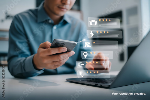 Person Using Smartphone and Laptop with Floating Digital Icons Representing Online Reputation Management and Tech Empowerment
