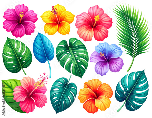 Exotic Floral Set: Vibrant Hibiscus and Monstera Leaves on a Black Backdrop for Summer Designs