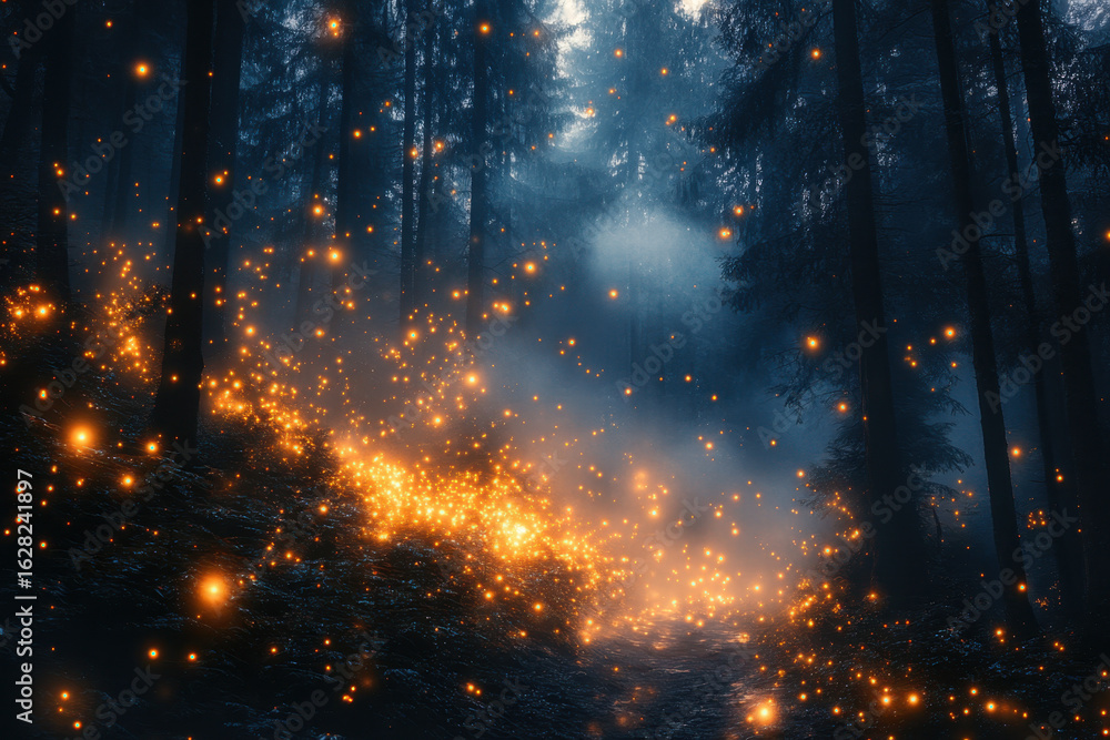 Naklejka premium Fireflies glowing in the forest at night.