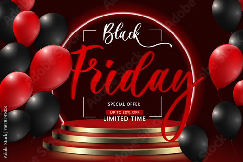 Black Friday, pedestal with Golden Steps in Red Tones and Floating Red and Black Spheres. It combines bold contrasts of gold, red, and black with dynamic floating elements 