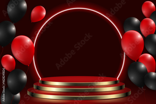 Pedestal with Golden Steps in Red Tones and Floating Red and Black Spheres. It presents a striking composition of luxurious gold and vibrant red contrasted