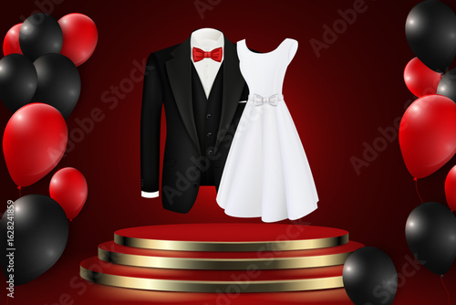 Bride and Groom on a Pedestal with Golden Steps in Red Tones and Floating Red and Black Balloons.