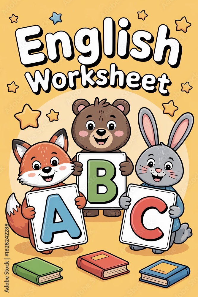Obraz premium Engaging children's worksheet featuring cute animals learning the alphabet with vibrant colors and playful designs.