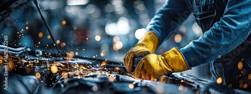 Close-up of a worker using a grinder on a metal part, sparks flying