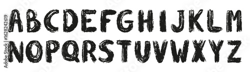 Brush letters. Grunge head letter, roman alphabet ink drawing. Hand drawn font for different design, stylish sketch dirty elements, neoteric vector set