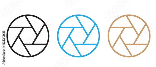 Camera Aperture Icons. Geometric Lens Blade Symbols in Black, Blue, and Brown Variants.