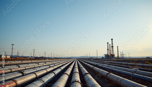 Geometric oil & gas pipelines industrial site infrastructure photography open environment wide angle energy sector