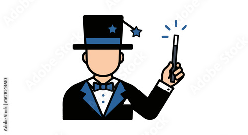 Minimalist vector illustration of a magician in a tuxedo and top hat holding a magic wand with sparkles.