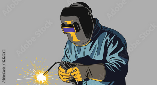 An illustration of a welder wearing a protective mask and gloves, welding metal with sparks flying.