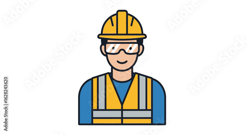 Illustration of a smiling construction worker wearing a yellow hard hat, safety glasses, and a reflective vest against a white background.
