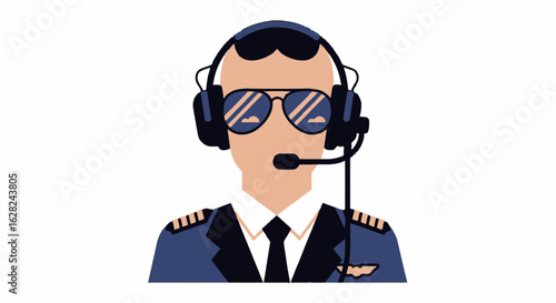Illustration of a pilot wearing sunglasses, a headset with a microphone, and a uniform, against a white background.