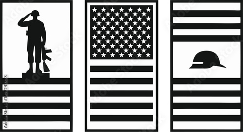 Patriotic american military service emblem featuring a saluting soldier us flag and combat helmet