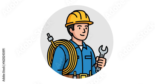 Cartoon illustration of a smiling electrician wearing a hard hat, holding a wrench, and with cables over his shoulder.