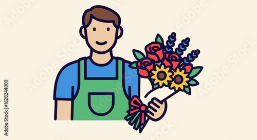 Cartoon illustration of a smiling florist holding a colorful bouquet of roses, sunflowers, and lavender, tied with a red ribbon.