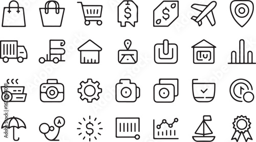Shopping bags cart airplane location truck delivery house map power button camera gear camera folder checklist