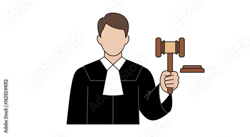 An illustration depicts a judge holding a gavel, wearing a black robe and white collar, symbolizing law and justice.