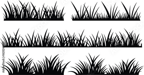 Collection of three distinct black silhouette vector illustrations of lush green grass blades on a white background