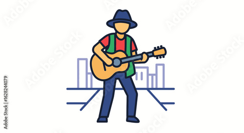 A street musician wearing a hat plays the guitar in front of a cityscape illustration.