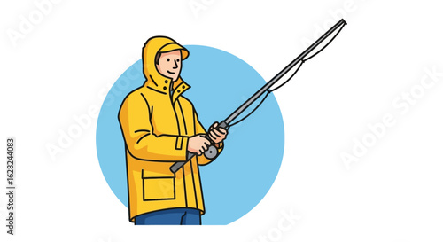A man in a yellow raincoat holds a fishing rod, ready to cast his line against a light blue background.