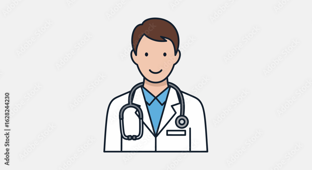 Illustration of a smiling male doctor wearing a white coat and stethoscope, against a light gray background. Illustration of a smiling male doctor wearing a white coat and stethoscope, against a light gray background.