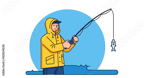 Illustration of a fisherman in a yellow raincoat holding a fishing rod with a fish caught on the line, set against a blue background.