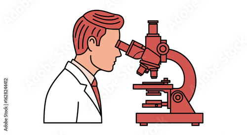 A male scientist in a lab coat and tie looks into the eyepiece of a red microscope.