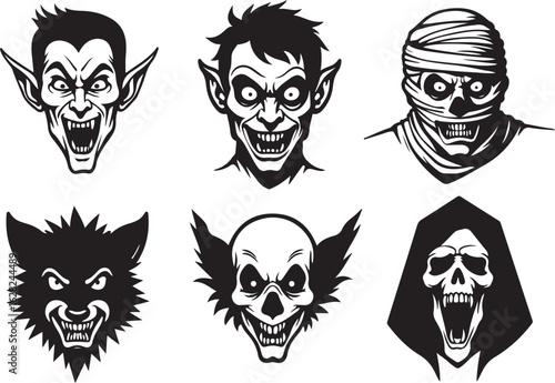 Spooky Halloween icons vampire werewolf mummy ready for scary season