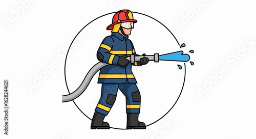 A firefighter in protective gear sprays water from a hose, depicted within a circular frame, symbolizing emergency response and fire suppression.