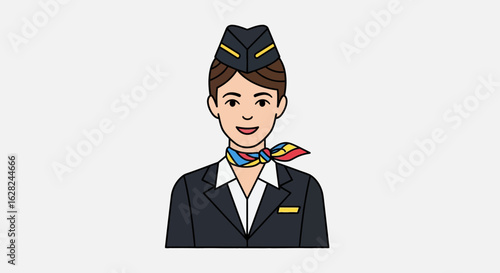 Cartoon illustration of a smiling female flight attendant wearing a dark blue uniform, hat, and colorful scarf.