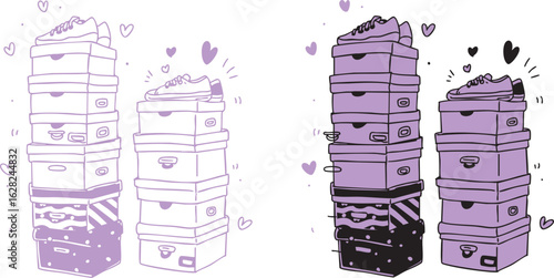 Stack of shoeboxes with hearts and playful lines, illustrated purple and black, conveying fun and whimsical mood. Perfect for storage or organization themes.,shoebox storage box container box