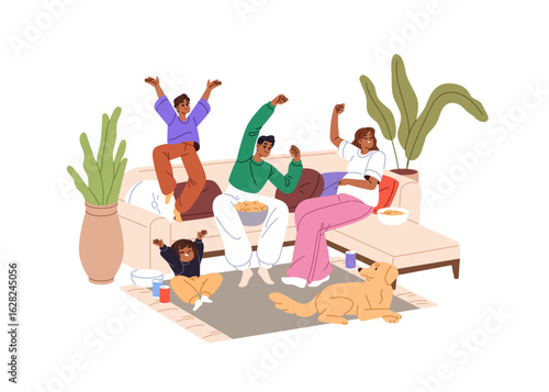 Happy family is watching soccer on TV together. Parents and kids support sports squad, rejoice at winning. Fans celebrate goals, victory of football team. Flat isolated vector illustration in white