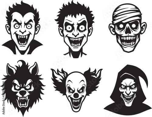 Scary Halloween character set featuring vampire, wolfman, clown and more