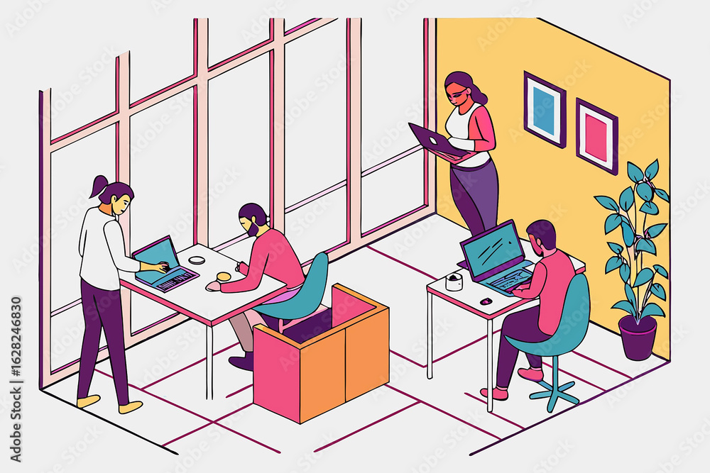 Fototapeta premium People working in a modern office with large windows