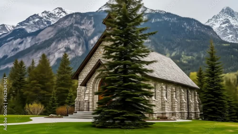 Tranquil stone chapel nestled amidst majestic snow-capped mountains and lush evergreen forests Tranquil stone chapel nestled amidst majestic snow-capped mountains and lush evergreen forests