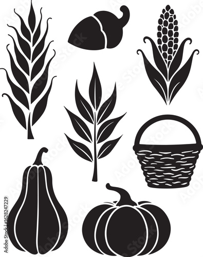 Harvest bounty silhouette elements for autumn crafts and seasonal designs