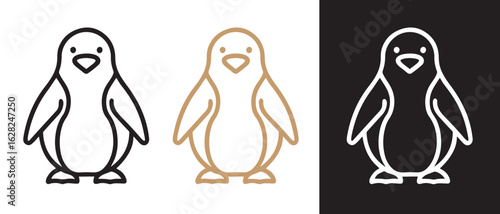 Penguin Line Icon Set. Black, Gold, and White Variants on Contrasting Backgrounds.