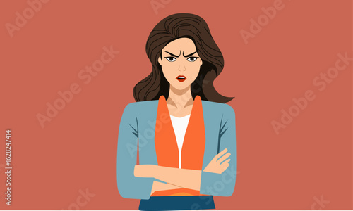 Angry businesswoman with arms crossed, depicted in a simple cartoon style.