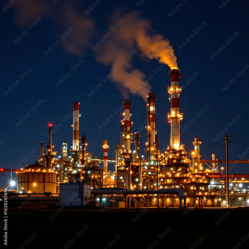Fototapeta premium Industrial oil refinery at night urban landscape photograph dark environment aerial view energy production