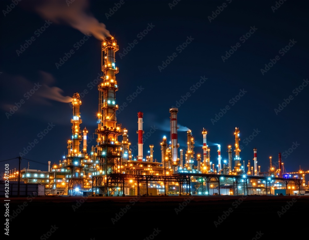 Fototapeta premium Majestic oil refinery at night industrial zone photography urban environment aerial view energy production
