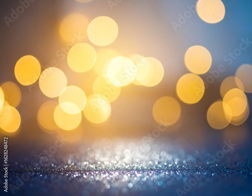 Abstract bokeh light effects, blurred glowing orbs in warm gold and cool blue, cinematic depth of field, dreamy atmosphere, high-resolution background