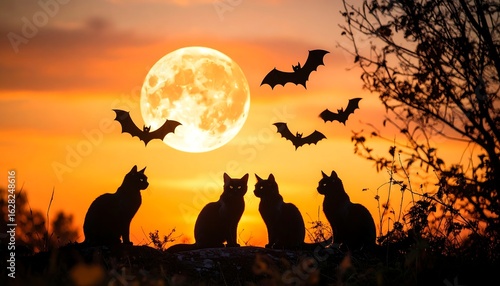 Silhouette cats, Halloween sunset, moon, bats